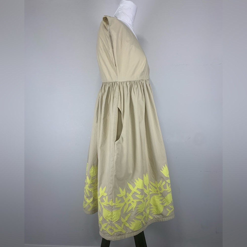 Hoss Intropia Beige Cotton Midi Dress Neon Yellow Floral Embroidery Size 40 - Picture 2 of 6